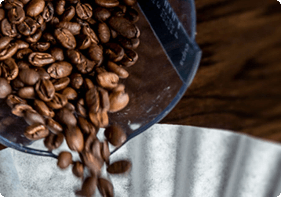 Whole roasted coffee beans pouring into a coffee filter.